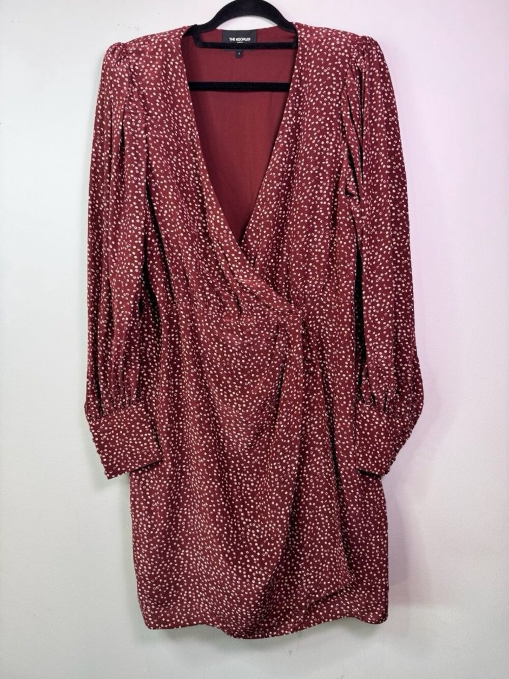 The Kooples Burgundy Wrap Dress V Neck Puffed Sleeves Dots Women 4